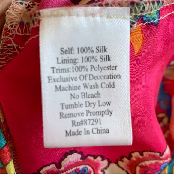 Johnny Was Silk Dress Colorful Patchwork Print Embroidered Tiered Slip Size XS - Picture 6 of 7